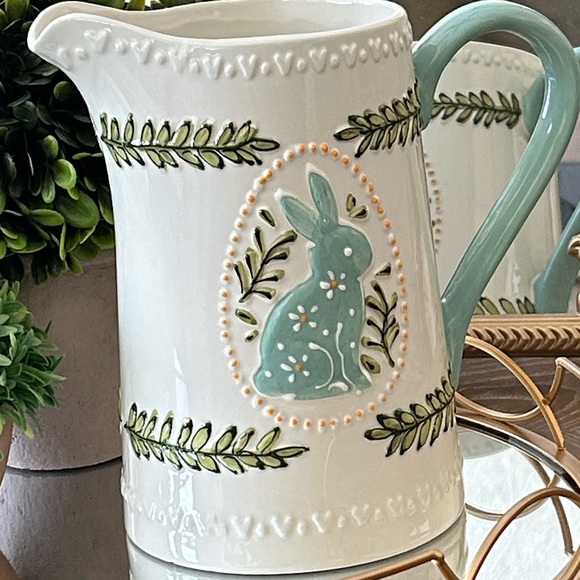 NEW! Shabby Chic Cottage Spring Easter Bunny Rabbit Ceramic Pitcher - Picture 2 of 12